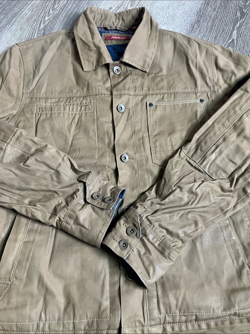 Jeremiah tan canvas jacket blue patterned blanket lining. - Picture 13 of 17